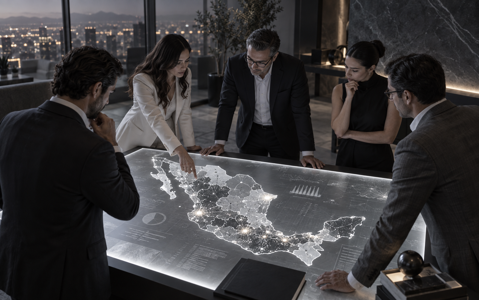 Equipo de estrategia observando un mapa territorial de México